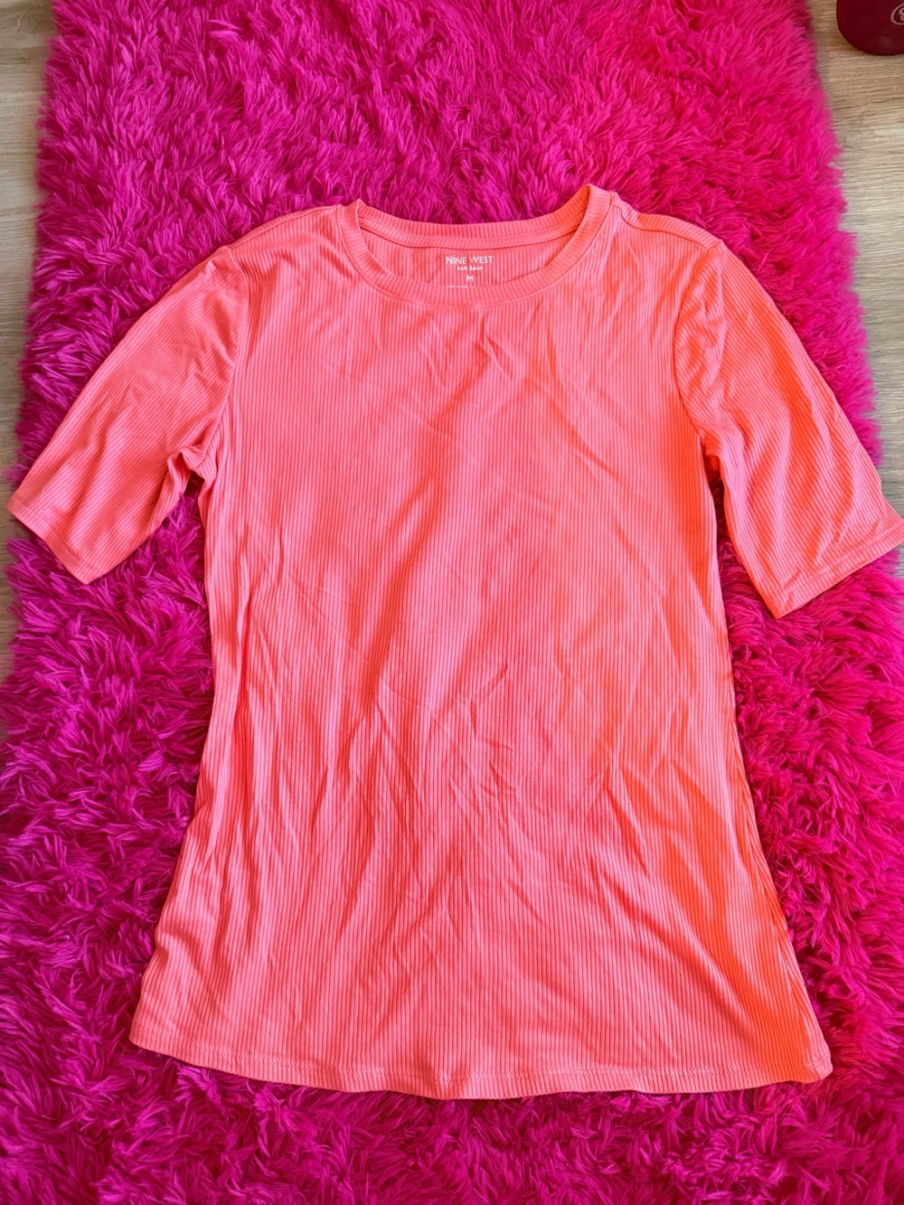 Nine West Coral Pink Ribbed Short Sleeve Top